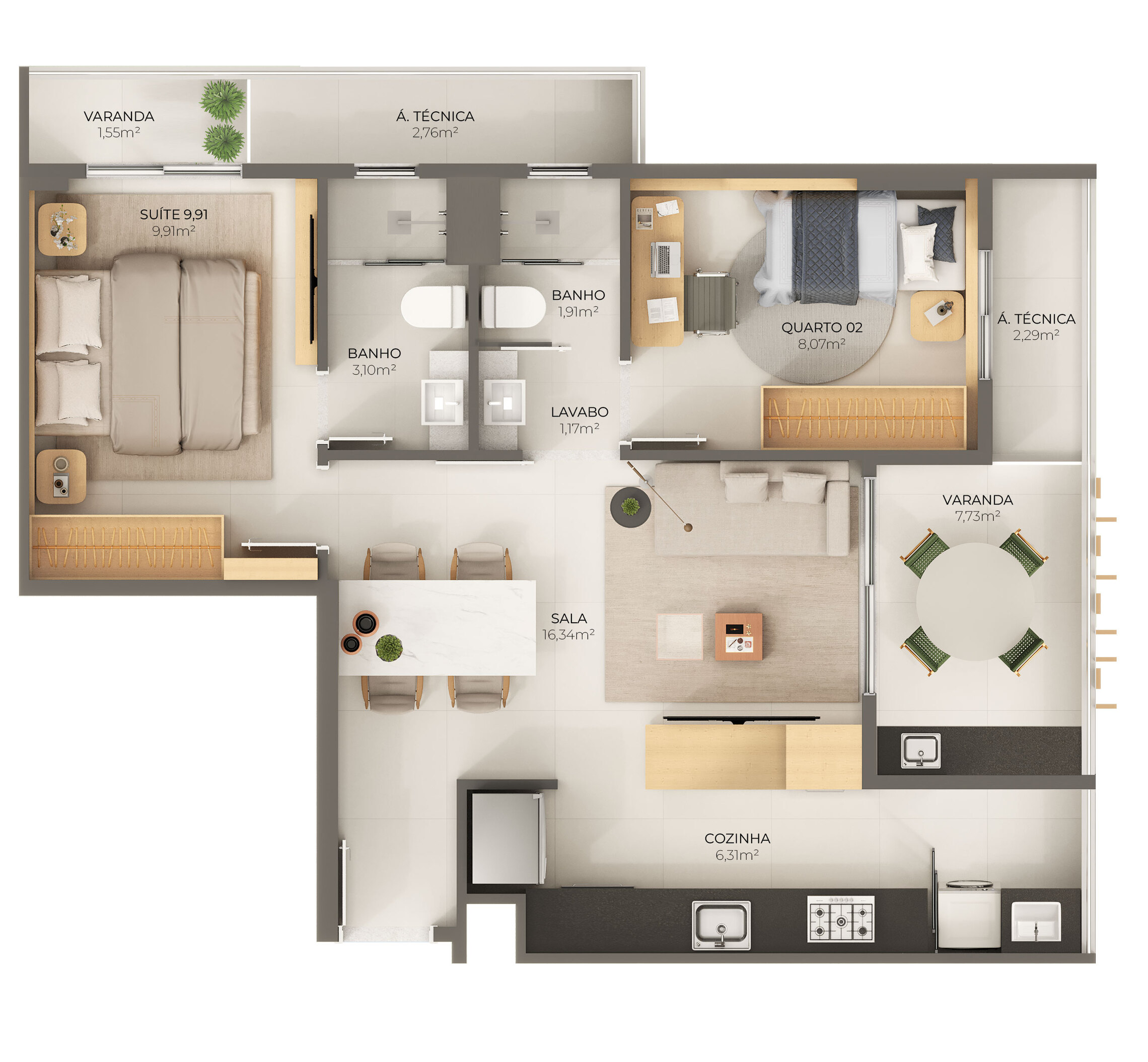 Planta 02 - 2 dorm 64,37m²
