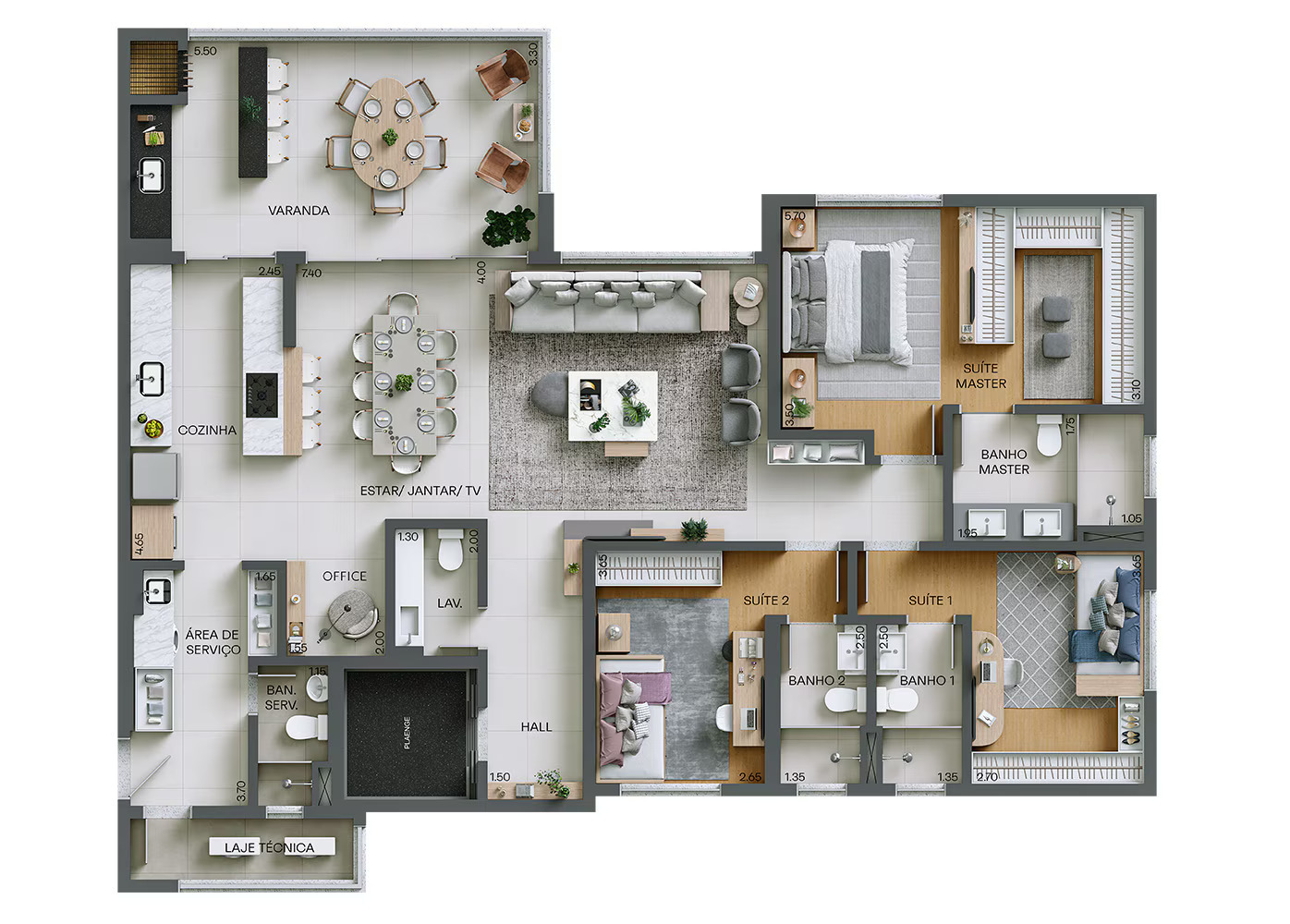 Planta 02 - 3 dorm 171m²