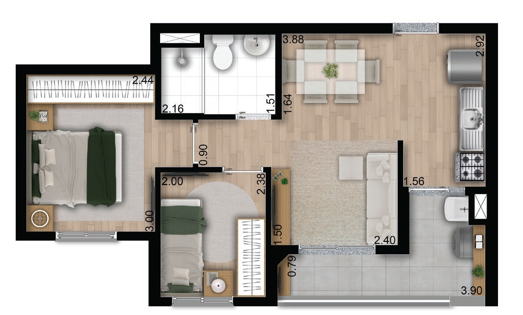 Planta 01 - 2 dorm 43,09m²