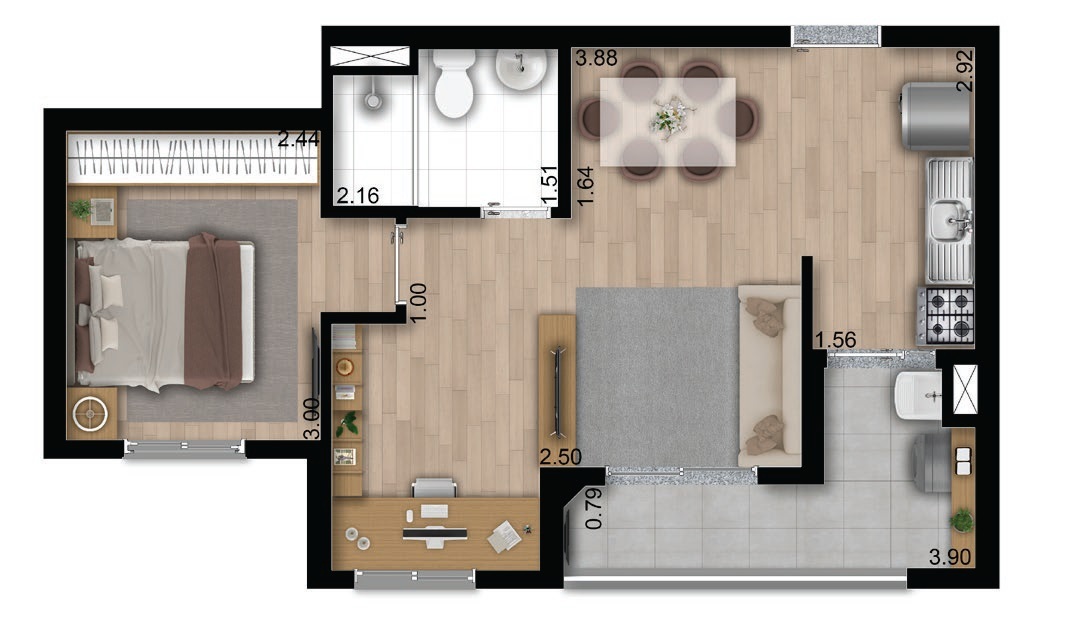 Planta 02 - 1 dorm 43,09m² - opção