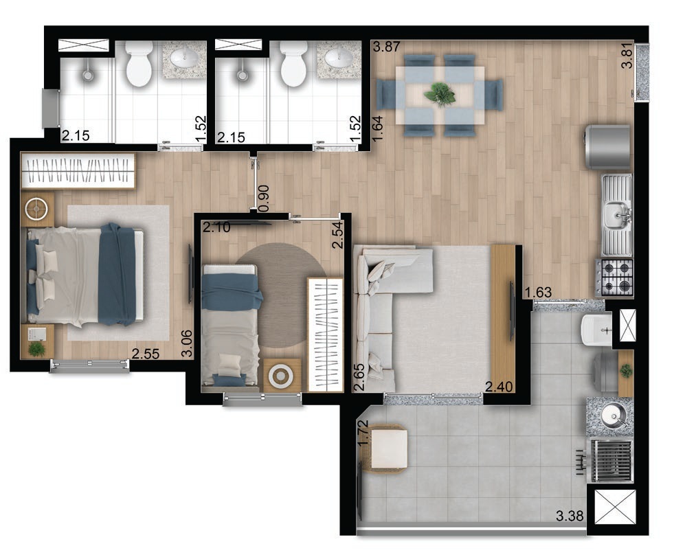 Planta 04 - 2 dorm 56,52m²