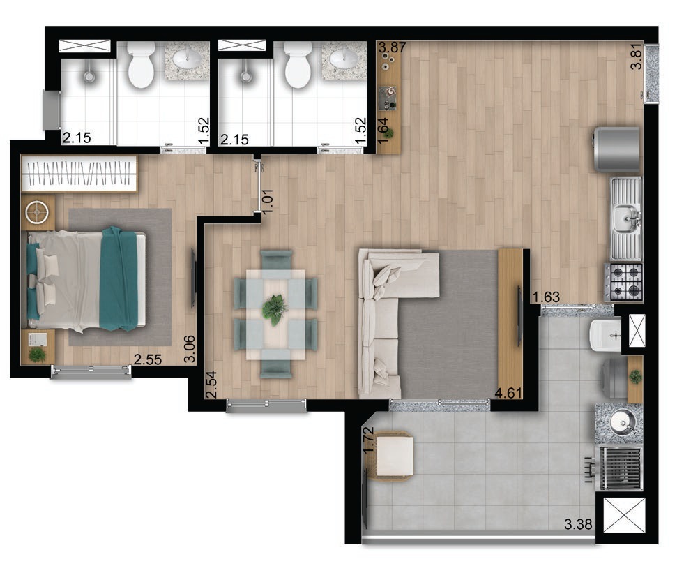 Planta 05 - 1 dorm 56,52m² - opção