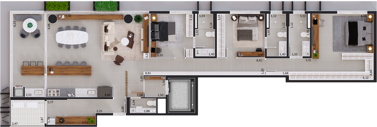 Planta 02 - 3 dorm 167m²