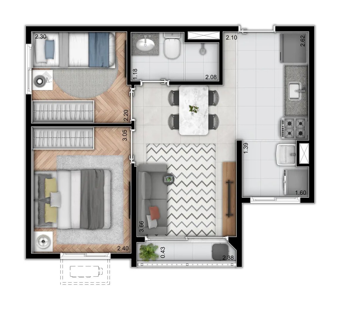 Planta 01 - 2 dorm 36,77m²