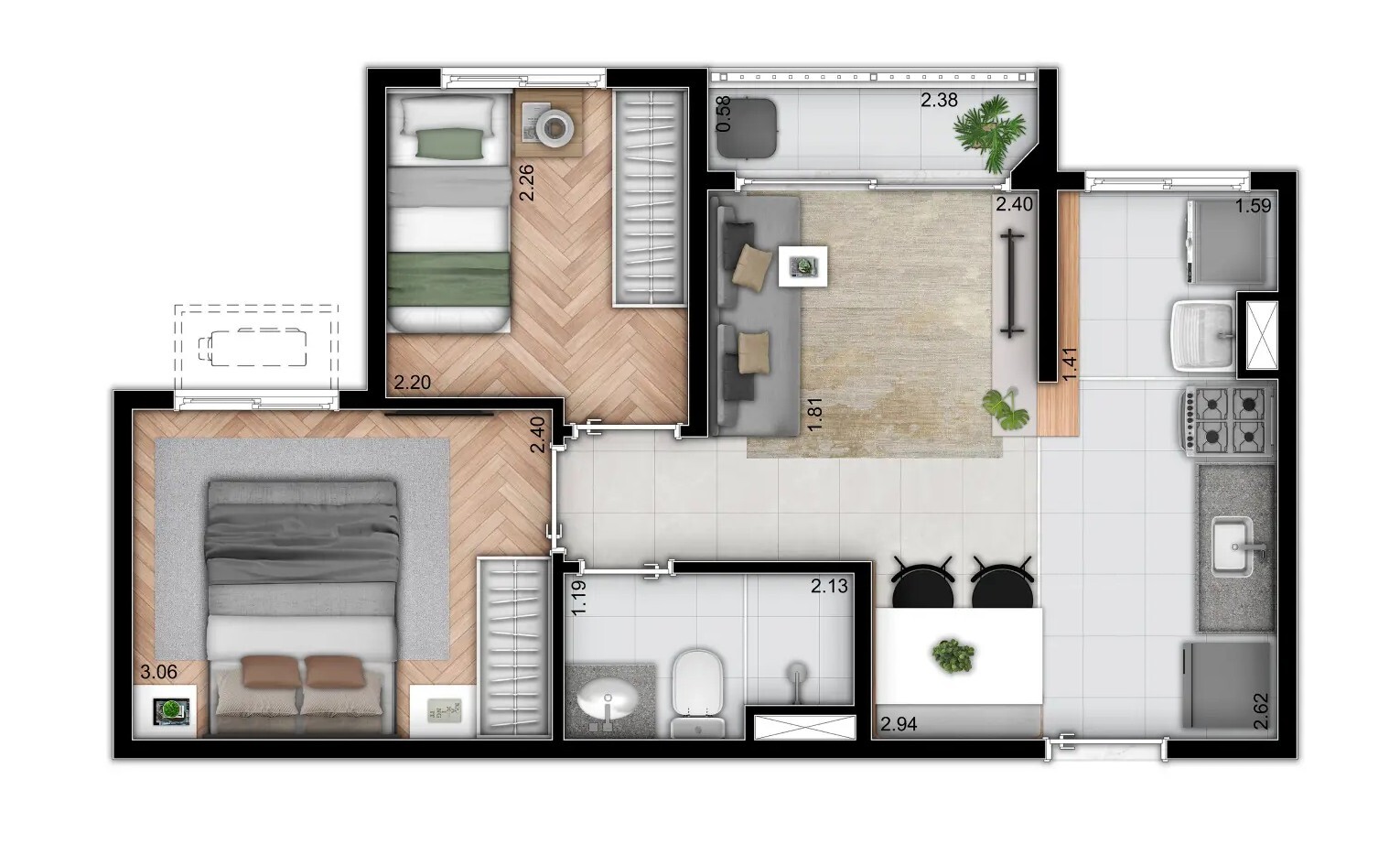 Planta 02 - 2 dorm 37,44m²