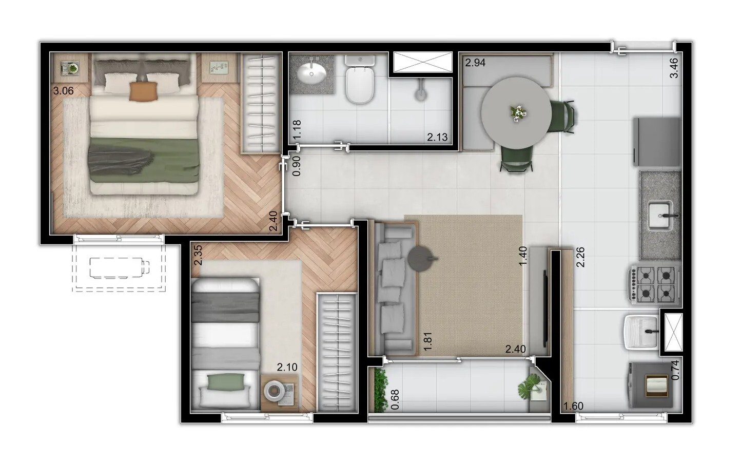 Planta 03 - 2 dorm 38,81m²