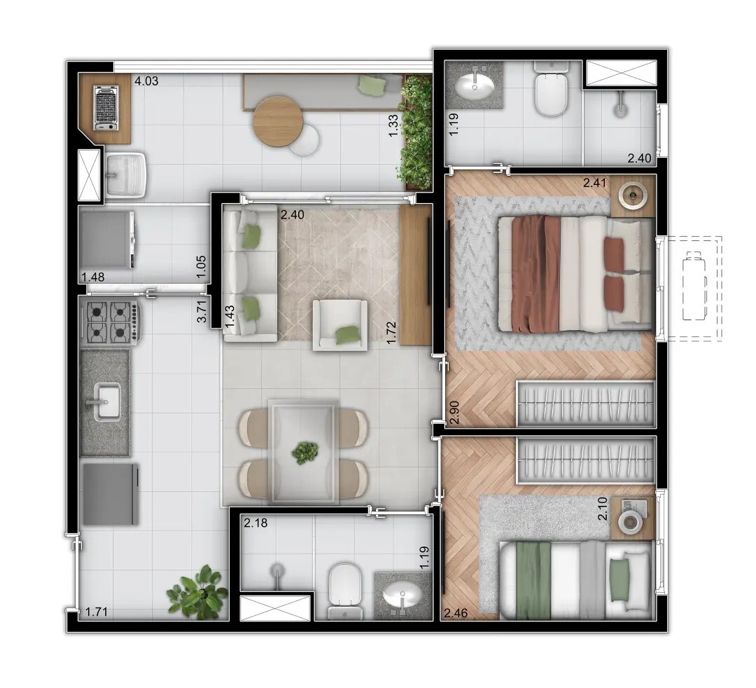 Planta 04 - 2 dorm 44,15m²