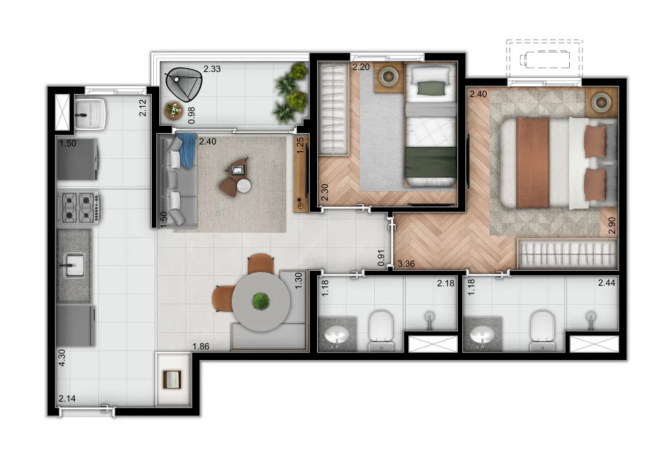 Planta 05 - 2 dorm 44,24m²