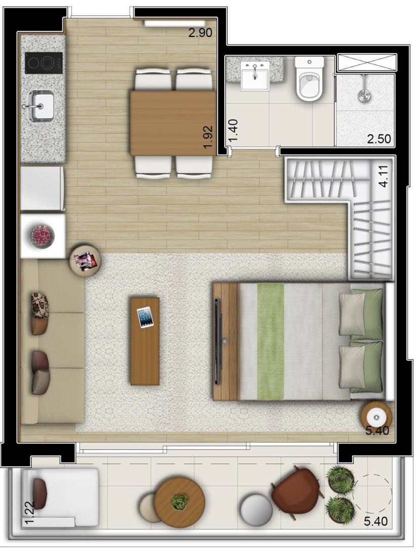 Planta 01 - 1 dorm 38,88m² - studio Planta 01 - 1 dorm 38,88m² - studio