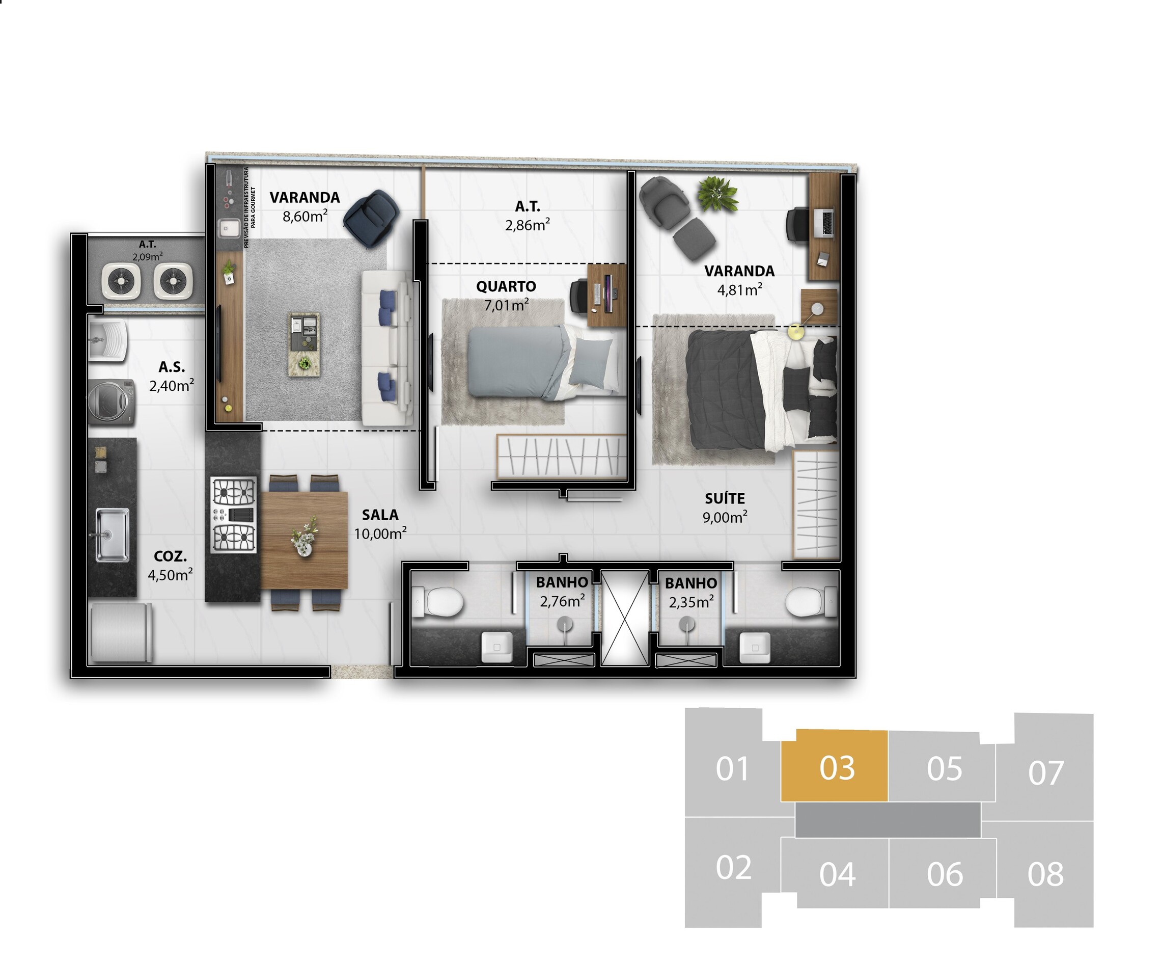 Planta 02 - 2 dorm 60,47m²
