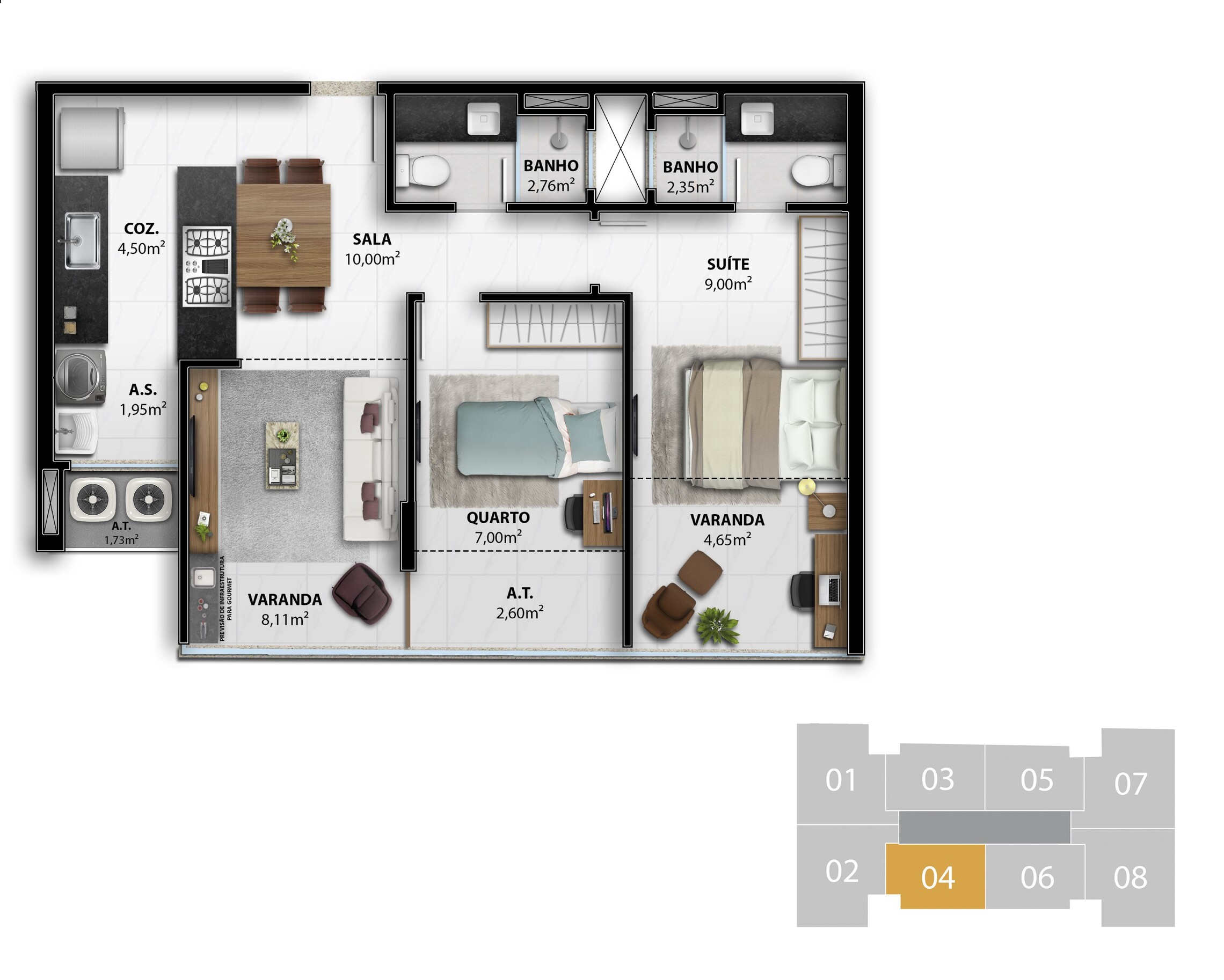Planta 03 - 2 dorm 60,47m²