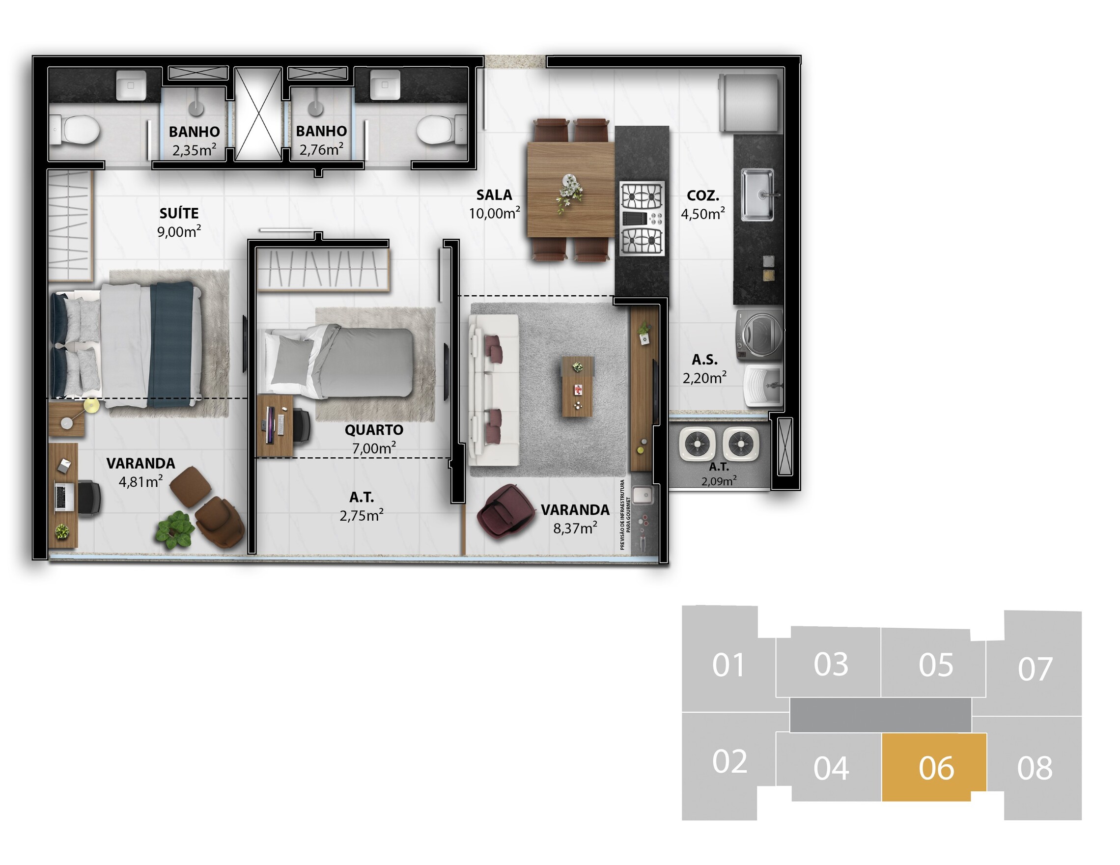 Planta 04 - 2 dorm 61,49m²
