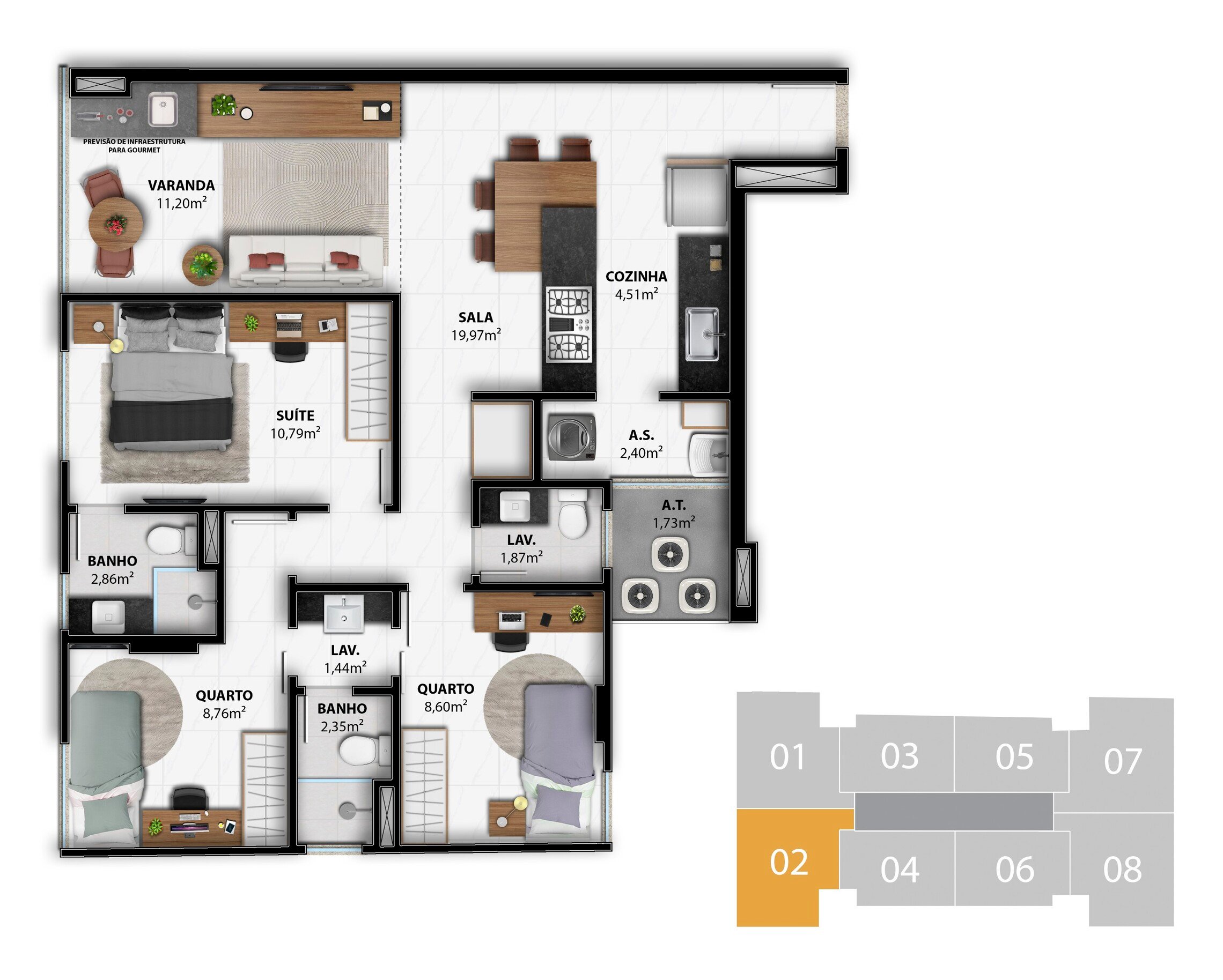 Planta 08 - 3 dorm 84,84m²