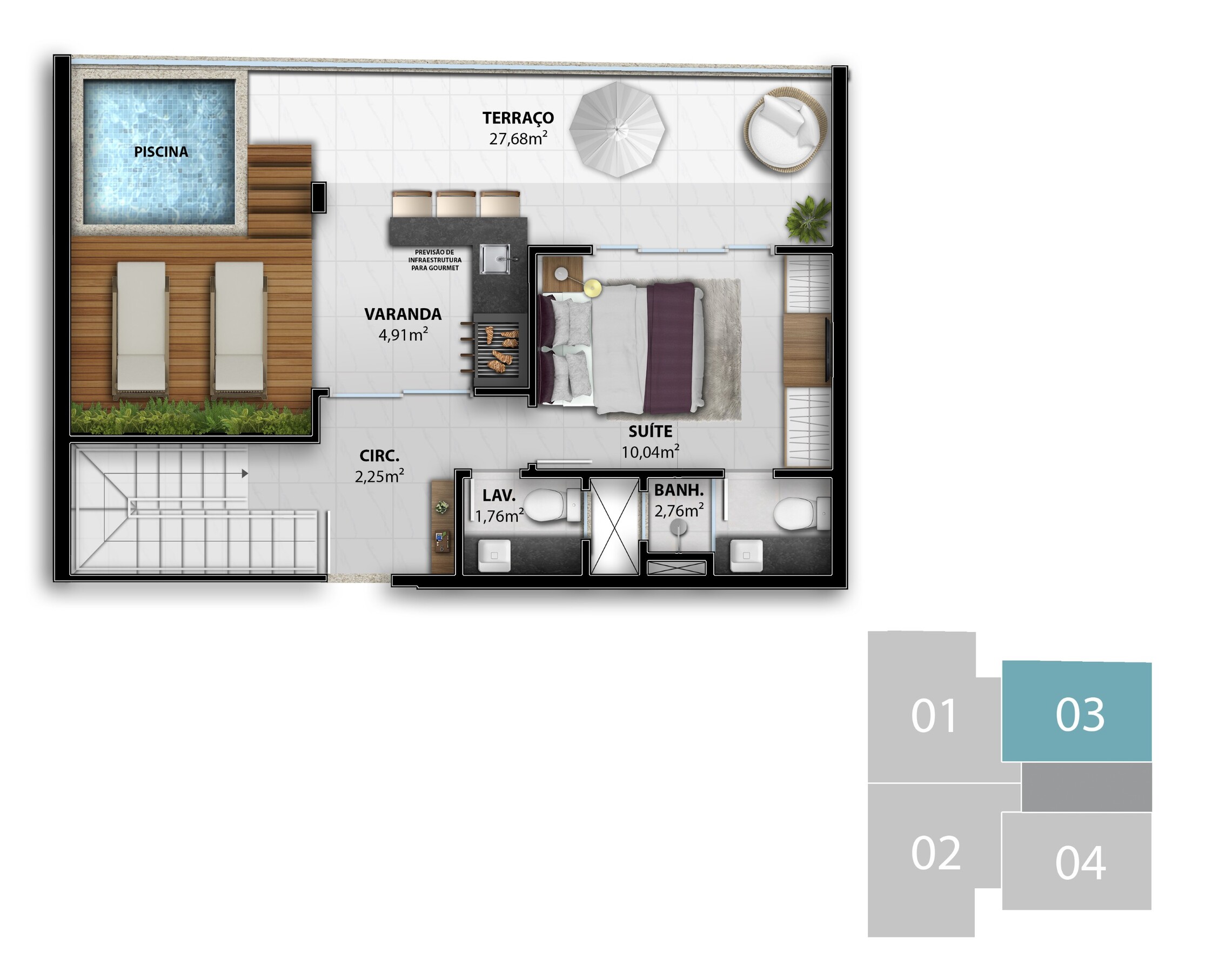 Planta 17 - 3 dorm 121,53m² - cobertura duplex - superior