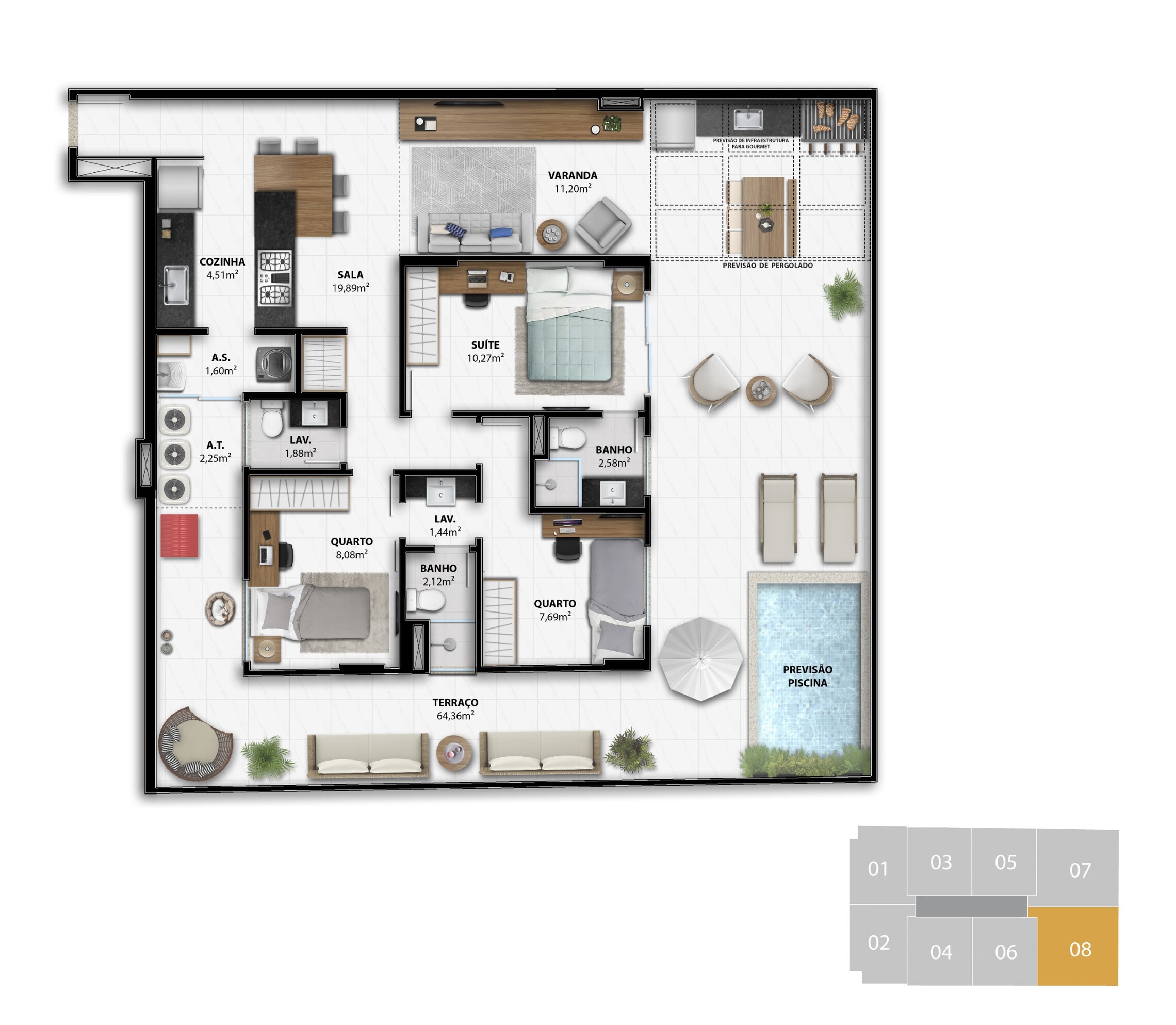 Planta 18 - 3 dorm 149,60m² - garden
