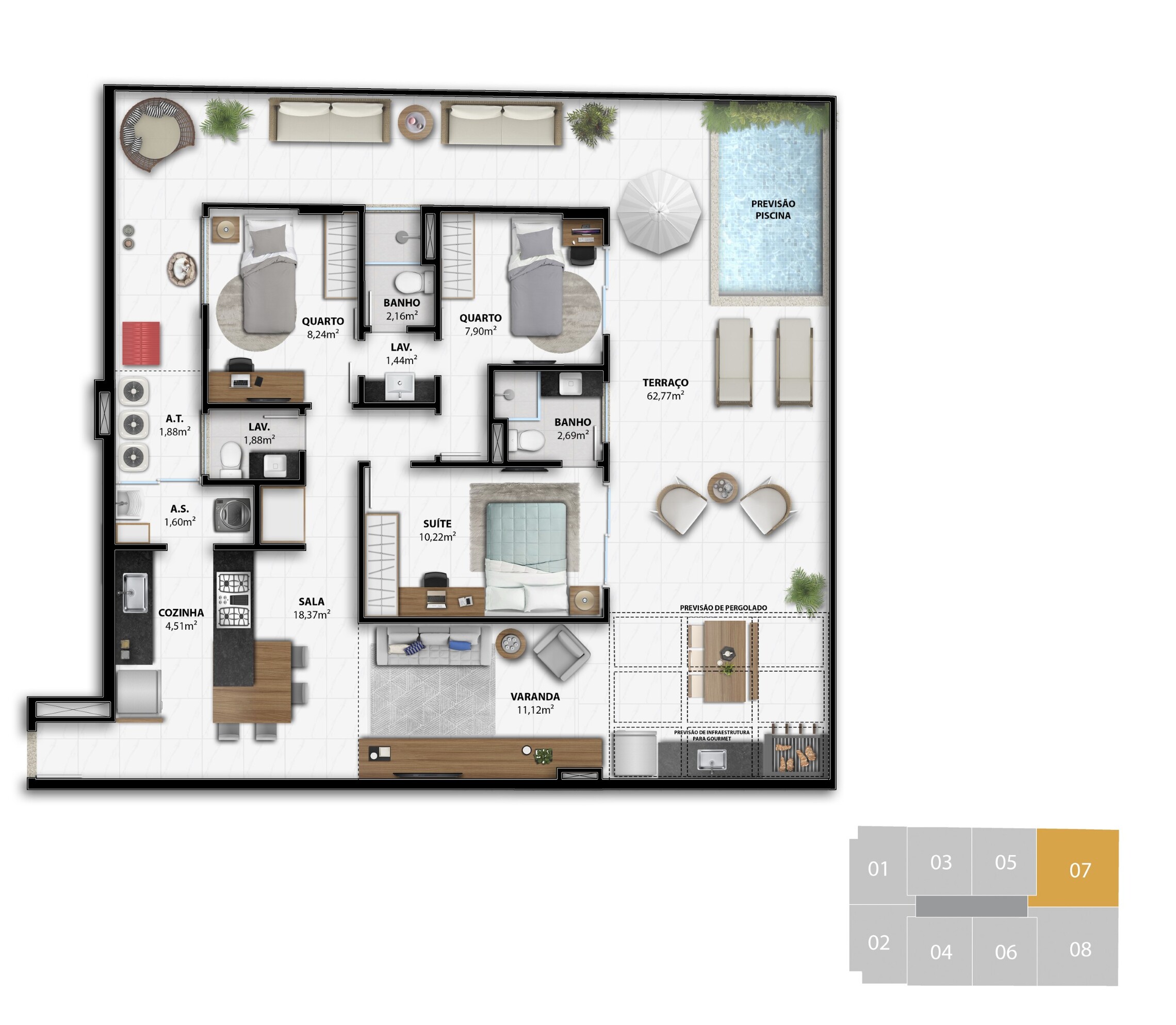 Planta 19 - 3 dorm 149,93m² - garden