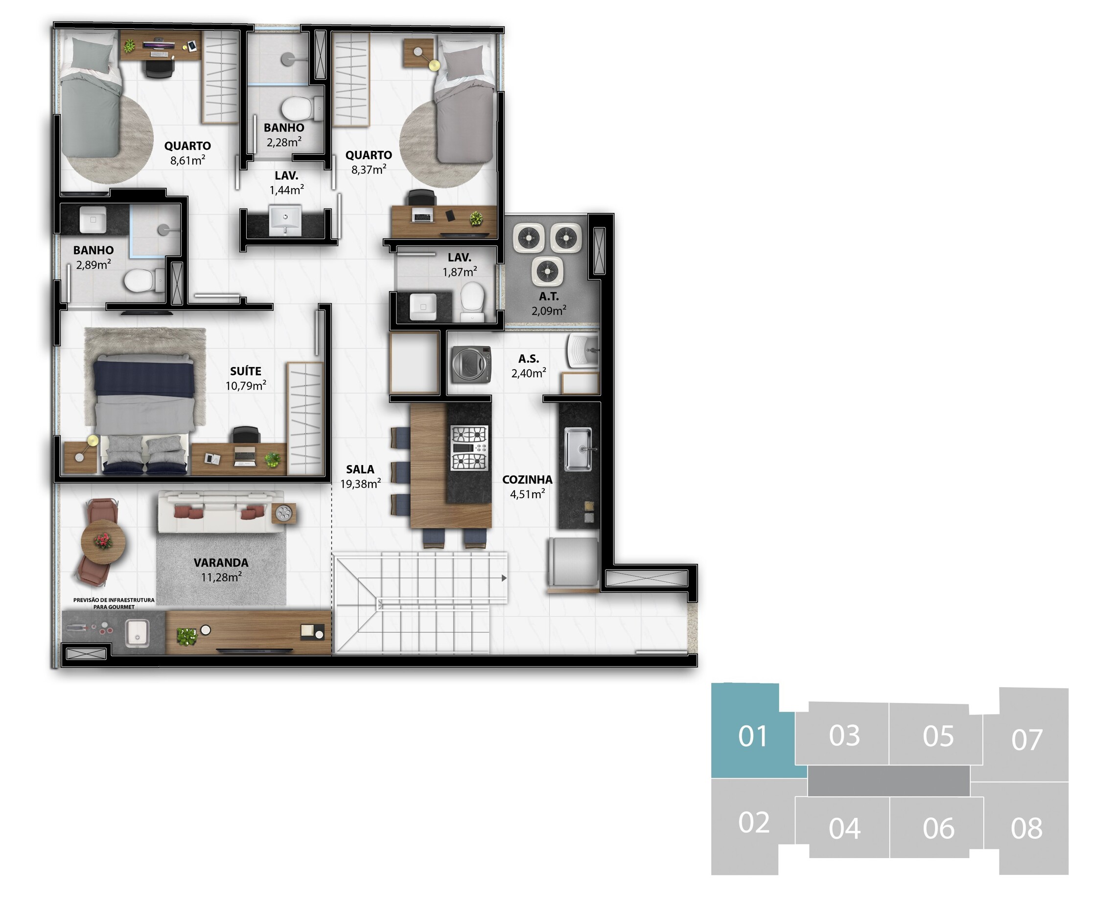 Planta 20 - 4 dorm 167,33m² - cobertura duplex - inferior