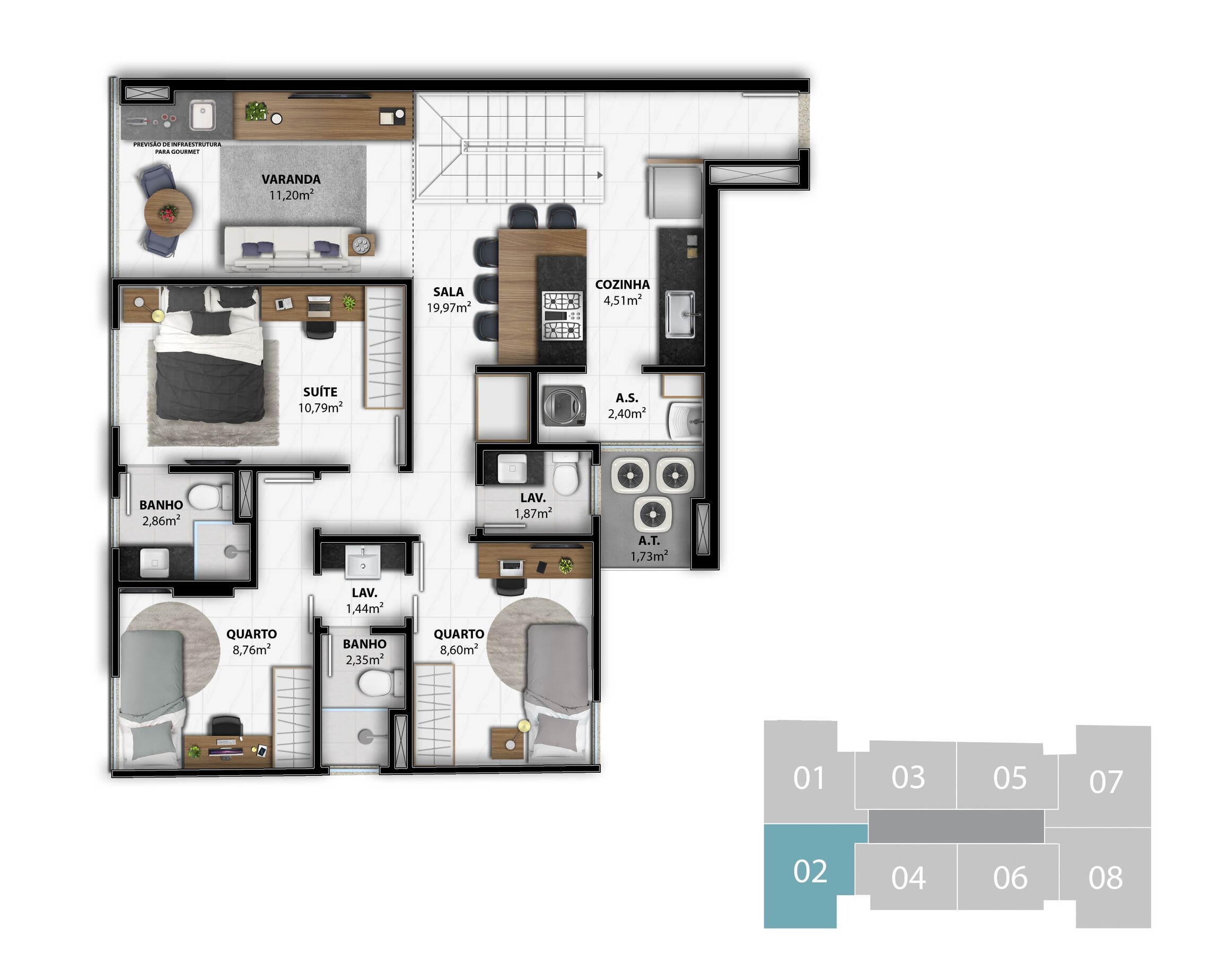 Planta 22 - 4 dorm 168,49m² - cobertura duplex - inferior