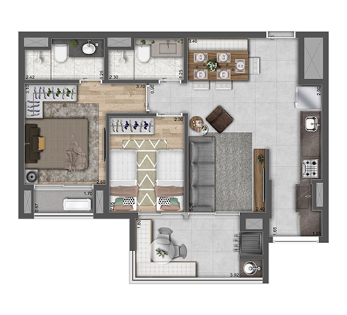 Planta 03 - 2 dorm 62m²