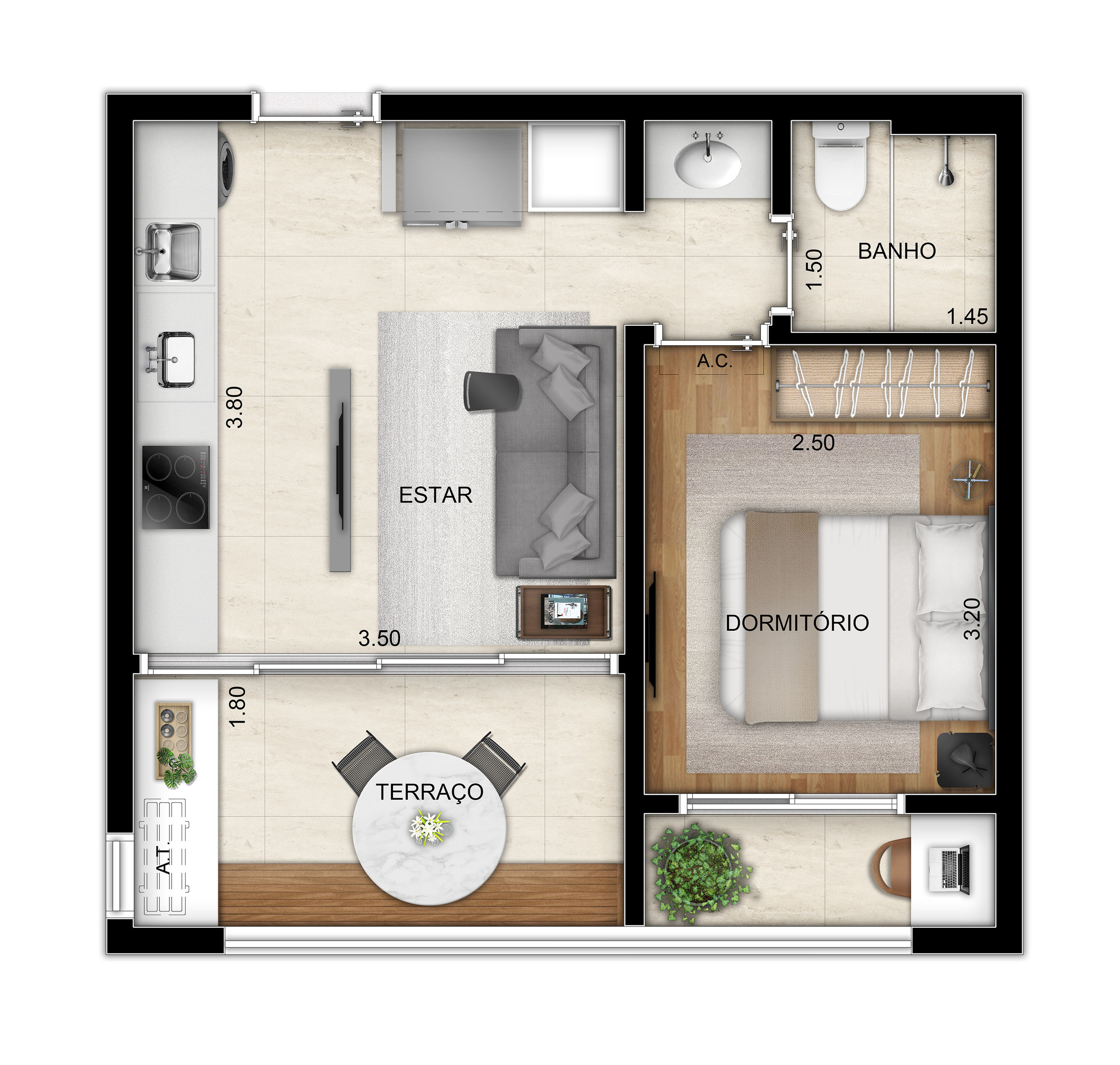 Planta 02 - 1 dorm 38m²