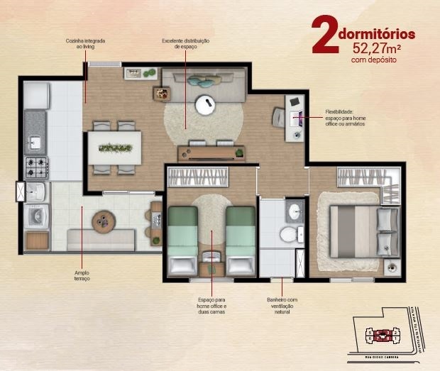Planta 01 - 2 dorm 52m²
