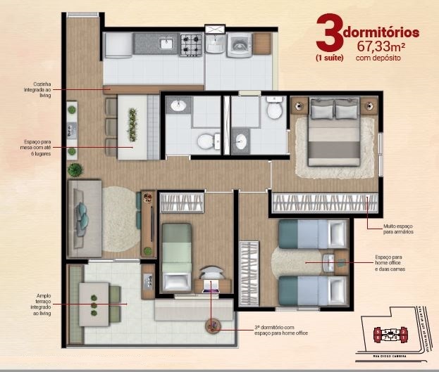 Planta 02 - 3 dorm 67m²
