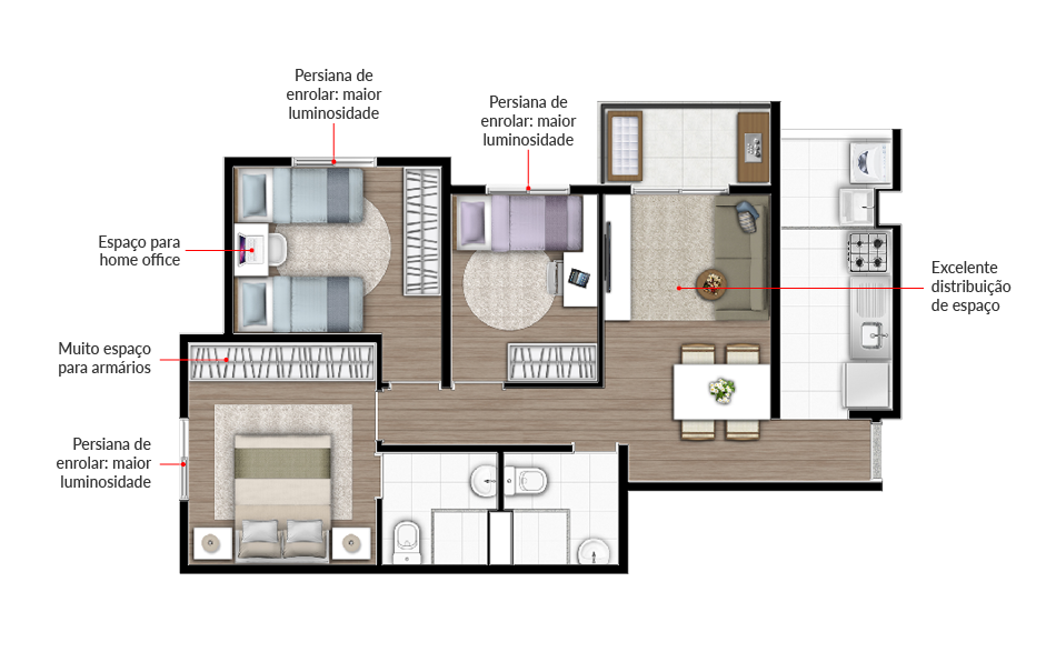 Planta 03 - 3 dorm 57m²