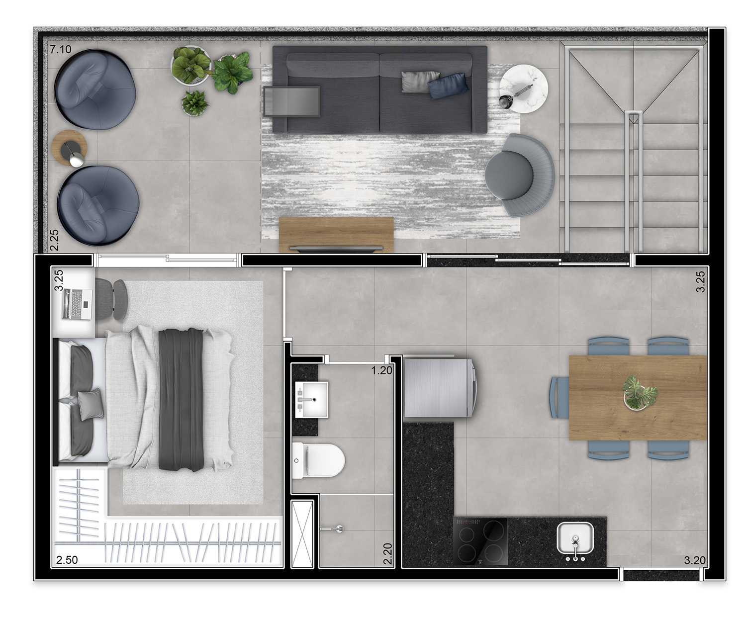 Planta 05 - 74m² 1 dorm - duplex inferior