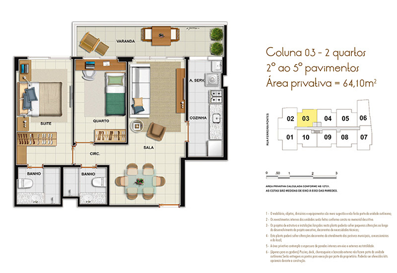 Planta 03 - 2 dorm 64 10m²