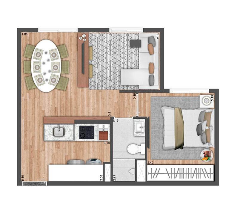 Planta 03 - 1 dorm 34m² - opção