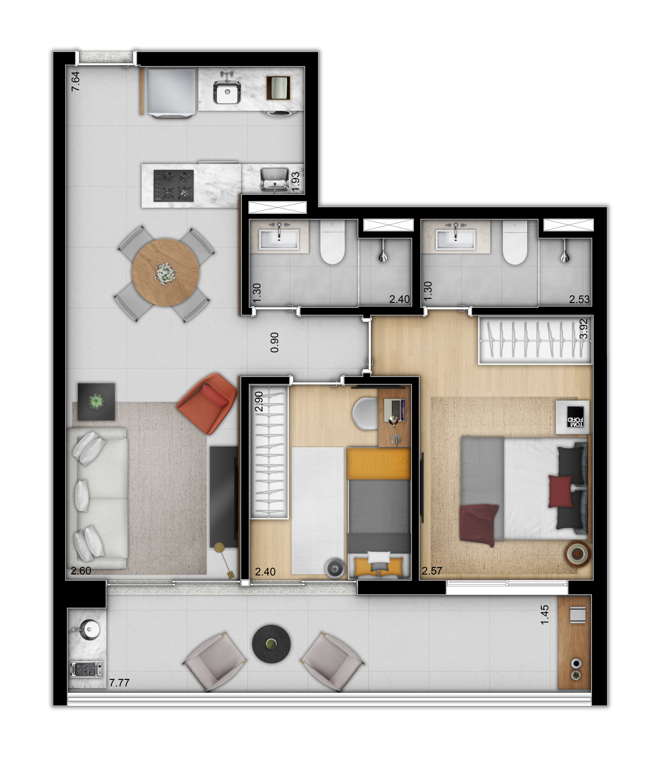 Planta 03 - 2 dorm 68m²