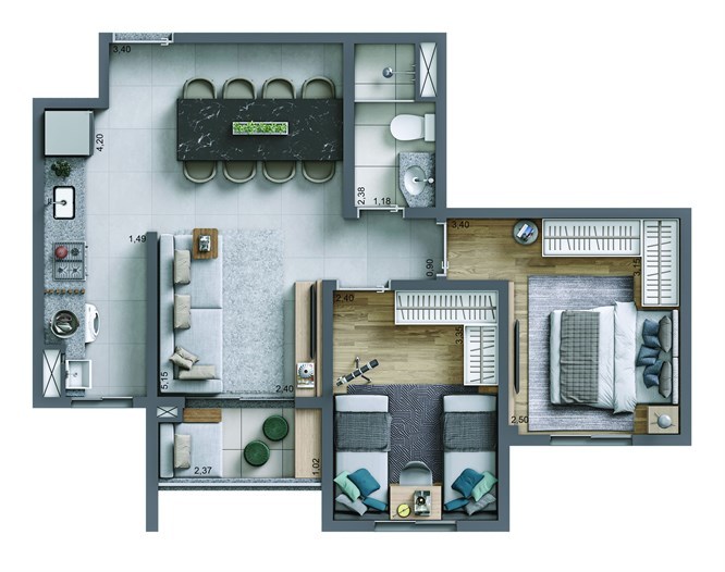 Planta 01 - 2 dorm 50m²