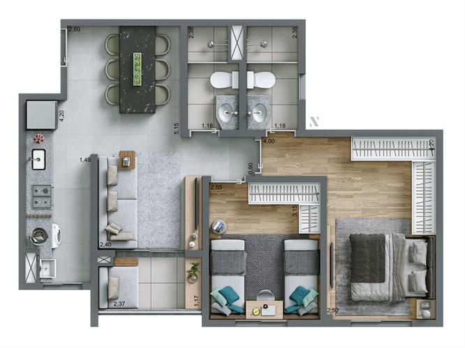 Planta 02 - 2 dorm 55m²