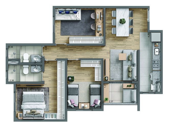 Planta 03 - 3 dorm 69m²