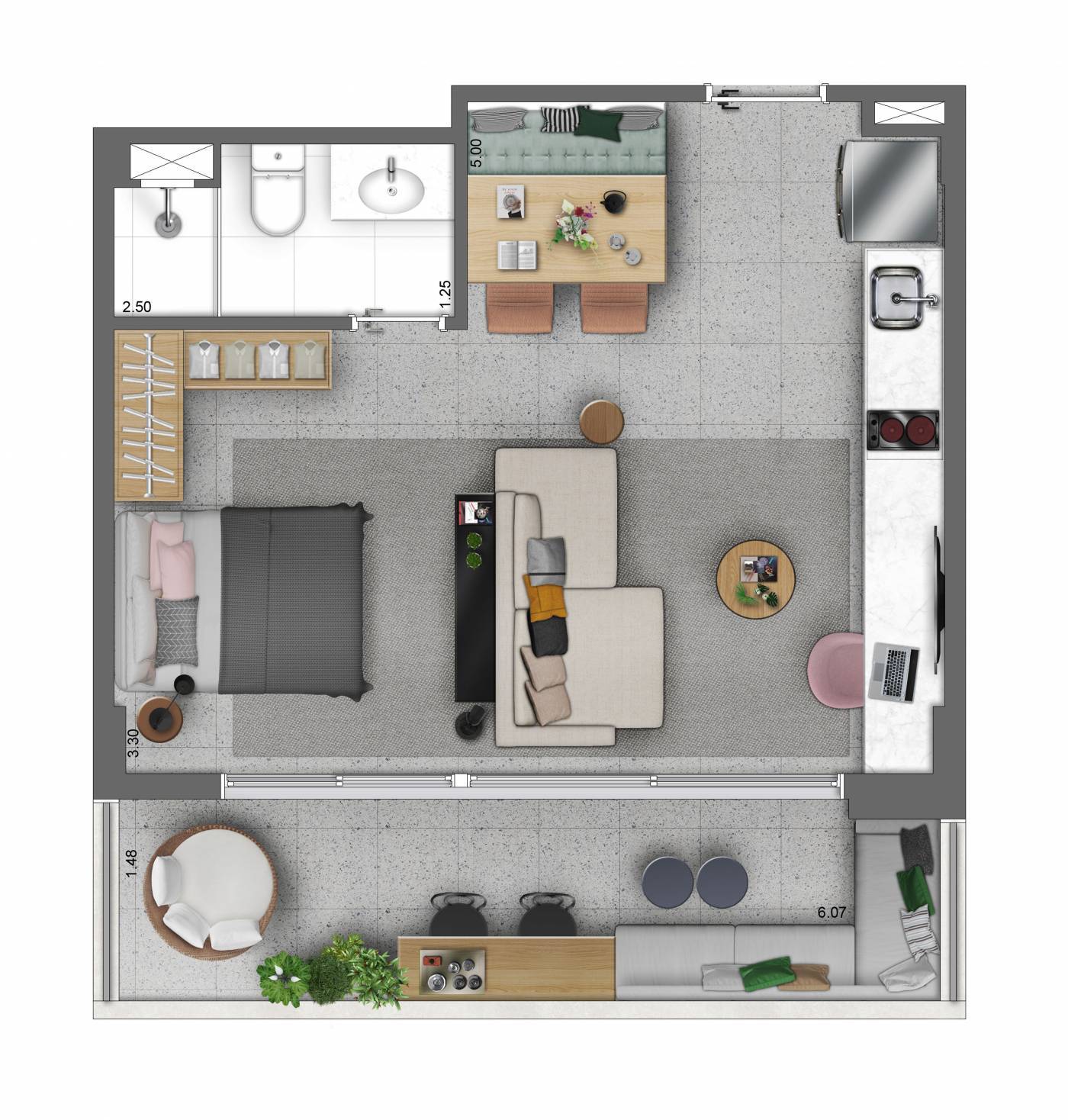 Planta 02 - 1 dorm 43m² - opção studio