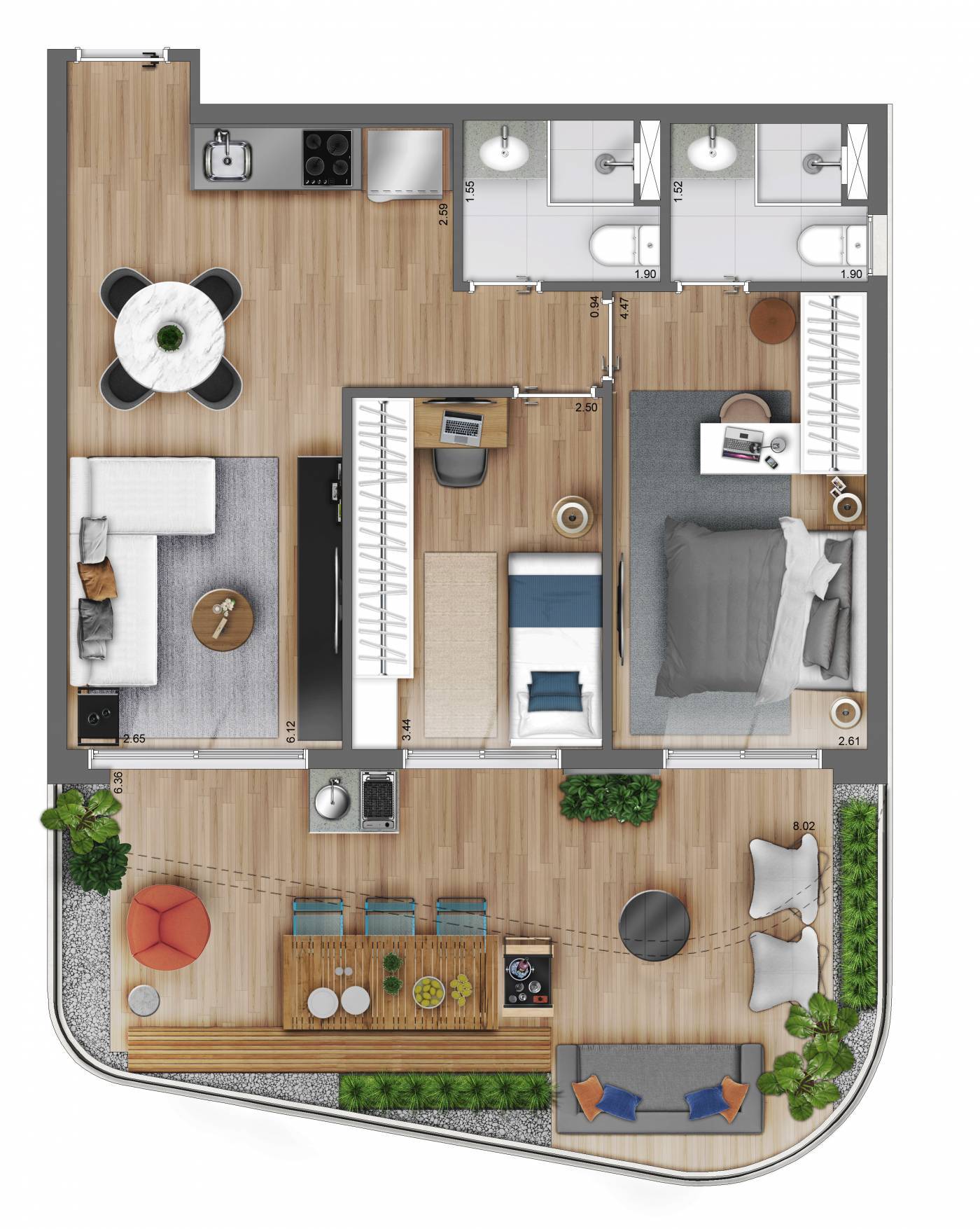Planta 06 - 2 dorm 85m² - garden