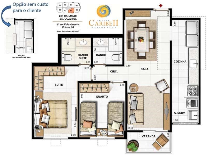 Planta 01 - 2 dorm 60 24m²