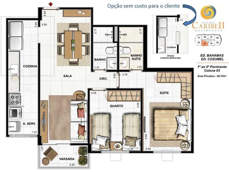 Planta 03 - 2 dorm 60 75m²