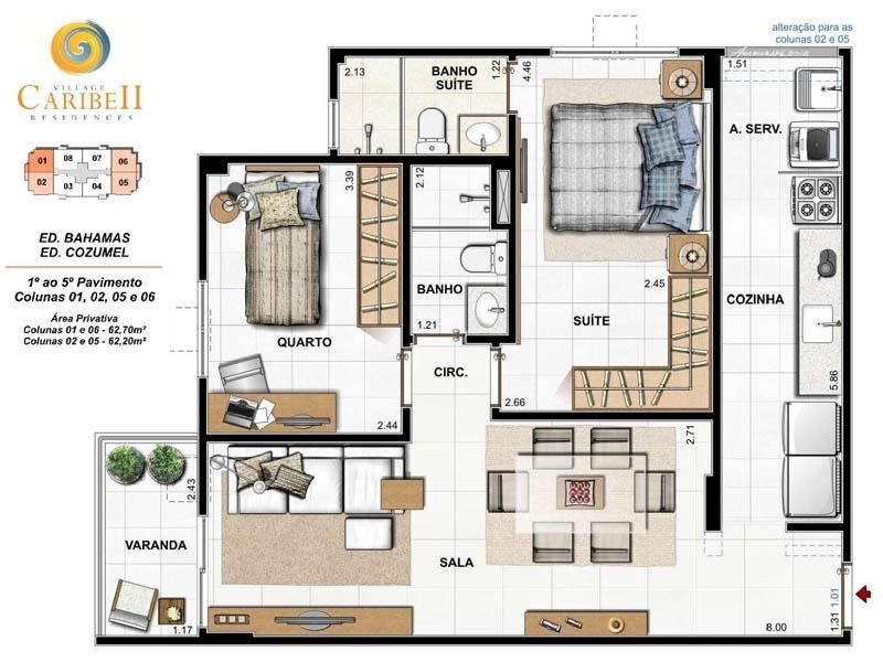 Planta 04 - 2 dorm 62 20m²