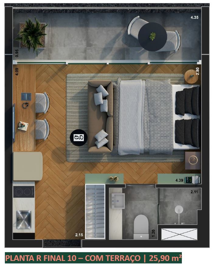 Planta 09 - 1 dorm 25m² - studio