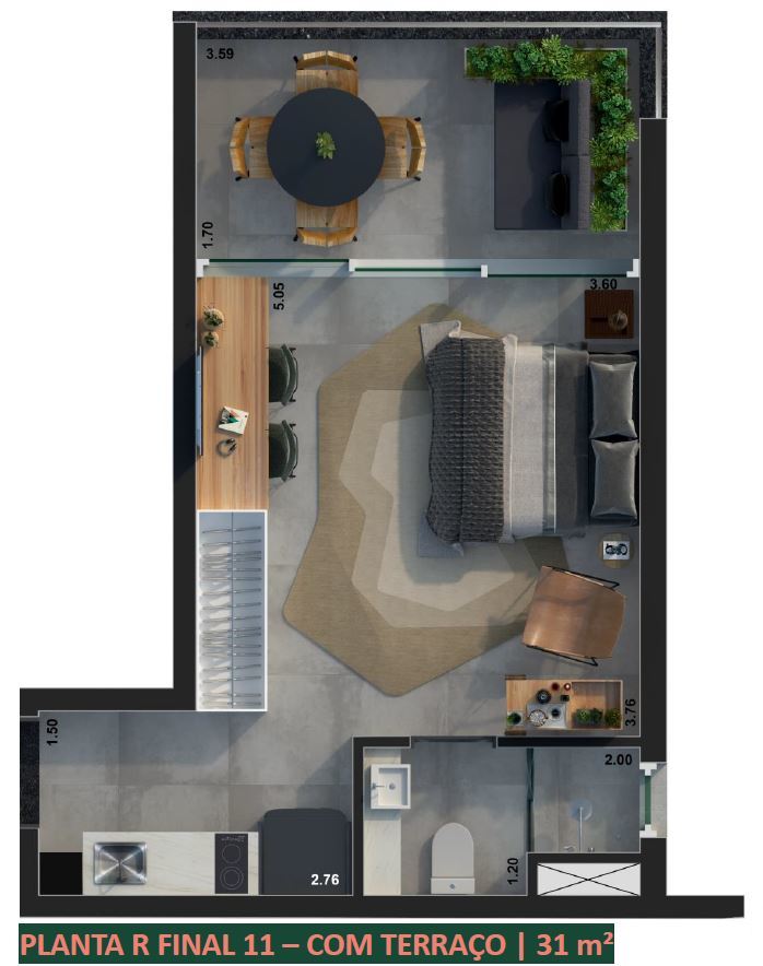 Planta 10 - 1 dorm 31m² - studio