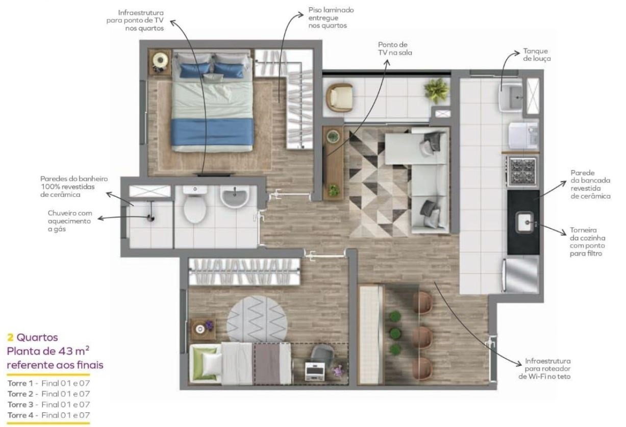 Planta 01 - 2 dorm 43m²
