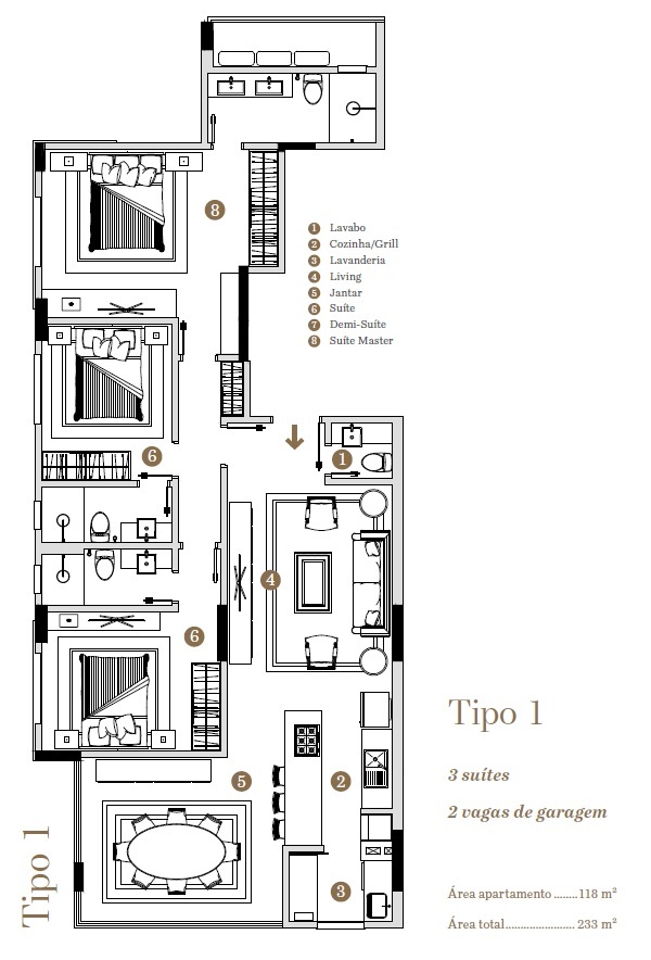 Planta 01 - 3 dorm 118m²