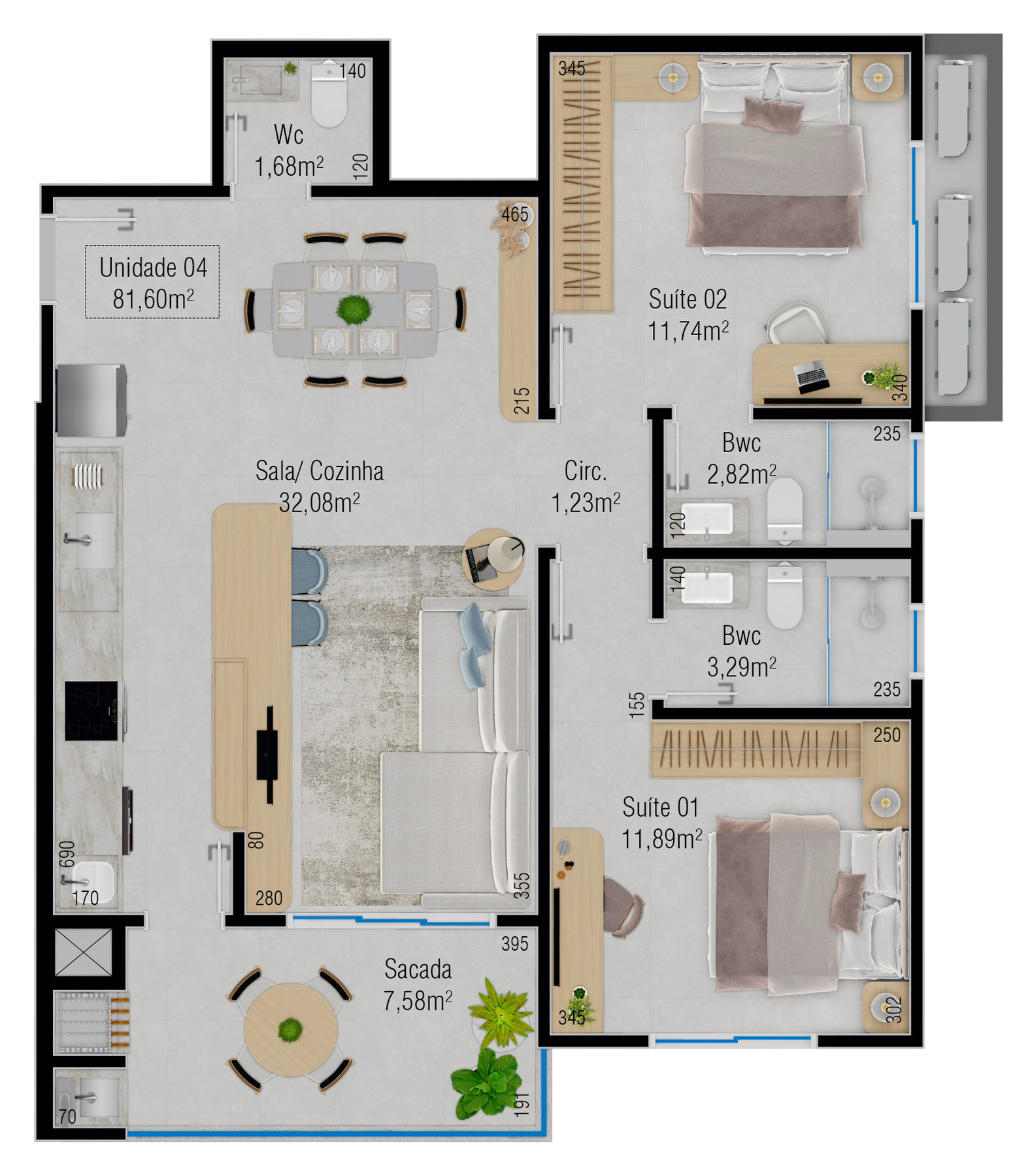 Planta 03 - 2 dorm 81,60m²