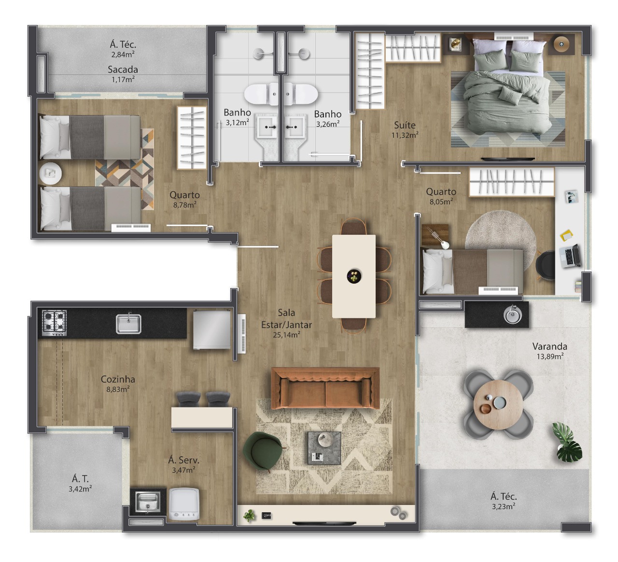 Planta 04 - 3 dorm 103,85m²