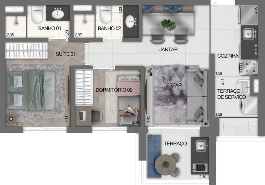 Planta 02 - 2 dorm 51m²
