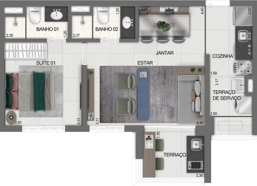 Planta 03 - 1 dorm 51m² - opção