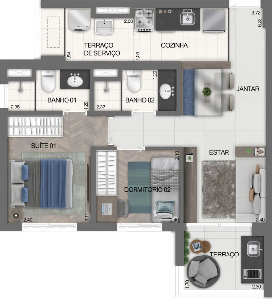 Planta 04 - 2 dorm 54m²