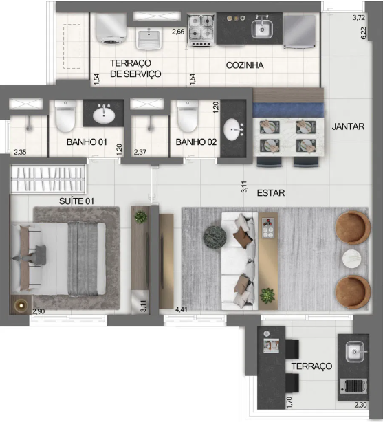 Planta 05 - 1 dorm 54m² - opção