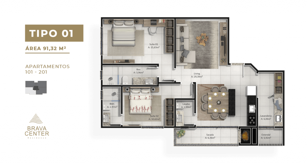 Planta 01 - 2 dorm 91 32m²